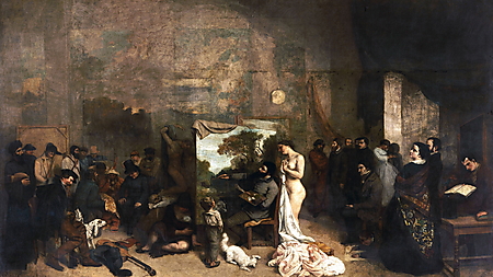 Alt-Text: Gustave Courbet malt in seinem Atelier, umgeben von Modellen, Freunden und Figuren verschiedener Gesellschaftsschichten.