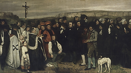 Gustave Courbets Gemälde „Ein Begräbnis in Ornans“ zeigt eine Dorfgemeinschaft versammelt um ein offenes Grab.