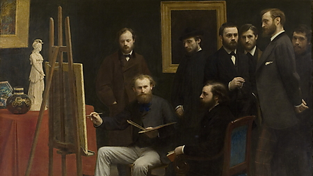 Édouard Manet malt im Atelier, umgeben von Auguste Renoir, Émile Zola, Frédéric Bazille, Claude Monet und weiteren Weggefährten.