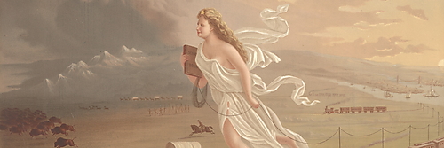 John Gasts Allegorie zeigt eine schwebende Frau mit Schulbuch und Telegraphendraht über Siedlern, Eisenbahnen, indigenen Menschen und Bisons.
