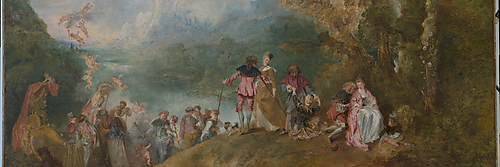 Antoine Watteaus „Einschiffung nach Kythera“ mit elegant gekleideten Paaren, einer Venusstatue und schwebenden Putten in einer Landschaft.