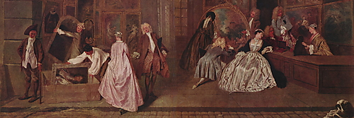 Breiter Einblick in einen Kunstladen: Elegant gekleidete Menschen betrachten zahlreiche Gemälde, während links ein Arbeiter ein Porträt Ludwigs XIV. in eine Kiste verpackt.