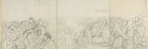 Bleistiftentwurf von Carl Philipp Fohr mit zahlreichen Künstlern in mehreren Gruppen im römischen Café Greco.