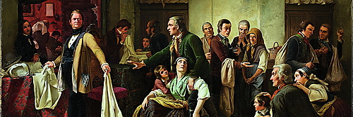 Carl Wilhelm Hübners Gemälde zeigt verarmte schlesische Weberfamilien, die einem wohlhabenden Tuchhändler ihre Stoffbahnen zur Prüfung vorlegen.