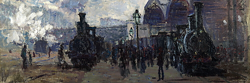 Claude Monet zeigt zwei von Dampf umhüllte Lokomotiven, Reisende und Bahnsteige unter dem Eisen- und Glasdach des Pariser Bahnhofs Saint-Lazare.