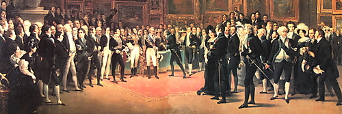 König Karl X. zeichnet im dicht behängten Salon Carré des Louvre Künstler aus, Gemälde von François-Joseph Heim aus dem Jahr 1827.