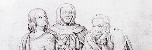 Raffael, Fra Angelico und Michelangelo schweben auf einer Wolke über Rom; unter ihnen sind Petersdom, Vatikan und Engelsburg zu erkennen.
