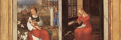 Franz Pforrs Gemälde Sulamith und Maria zeigt Sulamith mit einem Kind in einer südlichen Gartenlandschaft und Maria in einem stillen altdeutschen Innenraum.