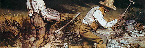 Gustave Courbets „Die Steinklopfer“ zeigt einen knienden älteren und einen jüngeren Arbeiter bei schwerer Straßenarbeit zwischen Steinen und Werkzeugen.