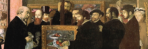Maurice Denis zeigt zehn Personen in der Galerie Vollard, die sich um ein gerahmtes Stillleben Paul Cézannes auf einer Staffelei versammeln.