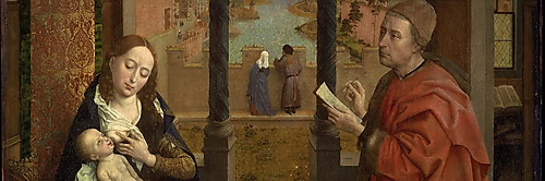 Der heilige Lukas kniet rechts und zeichnet die links sitzende Maria, die das Jesuskind stillt; dahinter öffnen sich Garten, Stadt und Flusslandschaft.