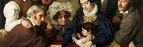Das Gruppenporträt zeigt Mitglieder der Familie Bendemann sowie Wilhelm von Schadow und weitere Künstler gemeinsam in einem bürgerlichen Wohnraum.