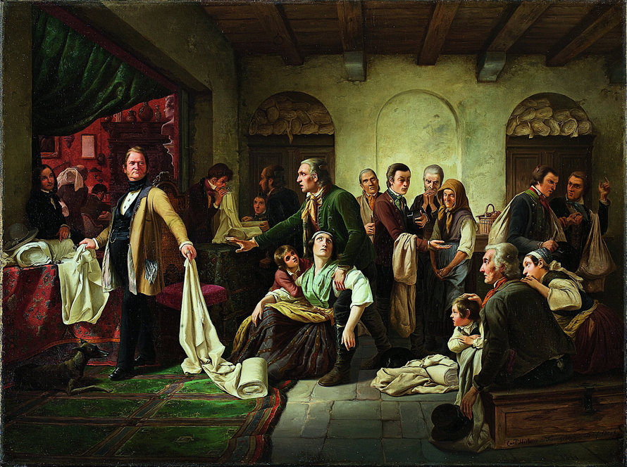 Carl Wilhelm Hübners Gemälde zeigt verarmte schlesische Weberfamilien, die einem wohlhabenden Tuchhändler ihre Stoffbahnen zur Prüfung vorlegen.