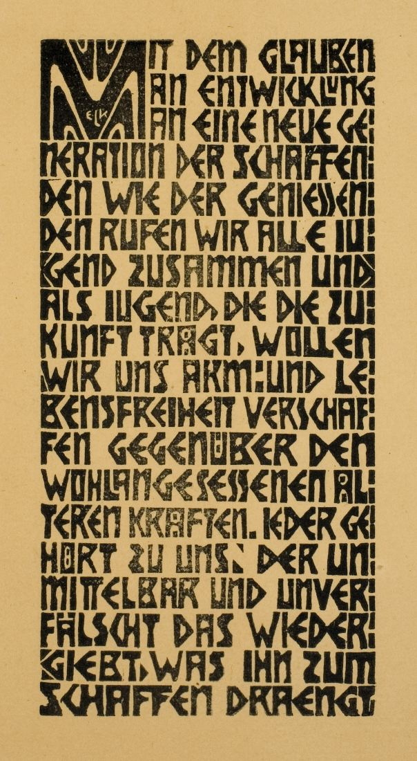Schmaler schwarzer Holzschnitttext in kantigen Großbuchstaben auf hellem Papier; oben links steht Kirchners Monogramm ELK.