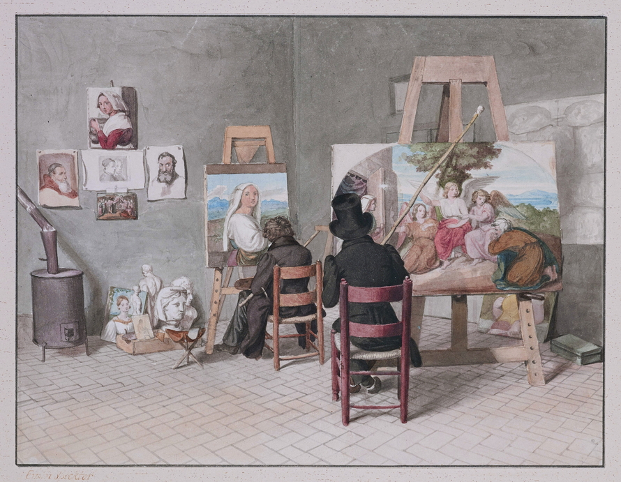 Bernhard Neher und Erwin Speckter arbeiten gemeinsam in einem schlichten römischen Atelier; an den Wänden hängen Bilder und Studien.