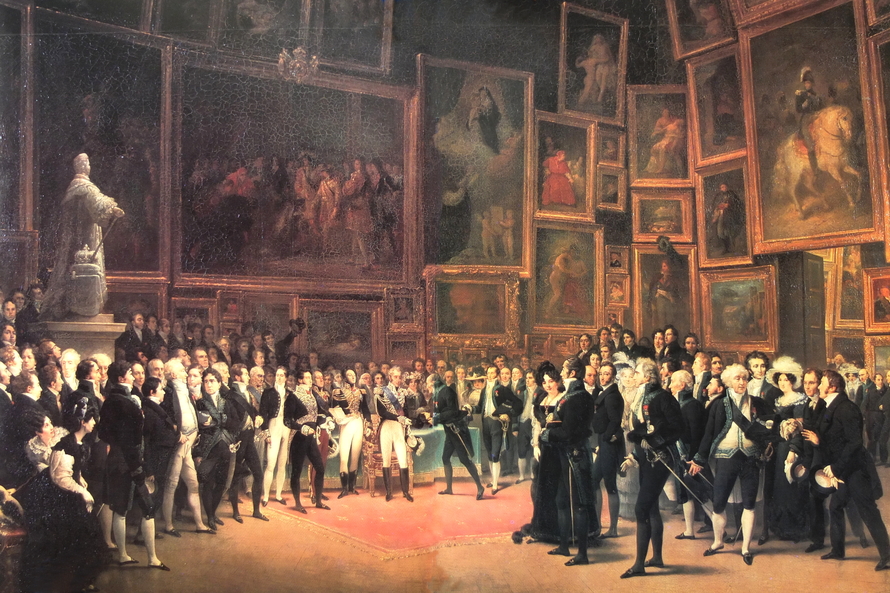 König Karl X. zeichnet im dicht behängten Salon Carré des Louvre Künstler aus, Gemälde von François-Joseph Heim aus dem Jahr 1827.