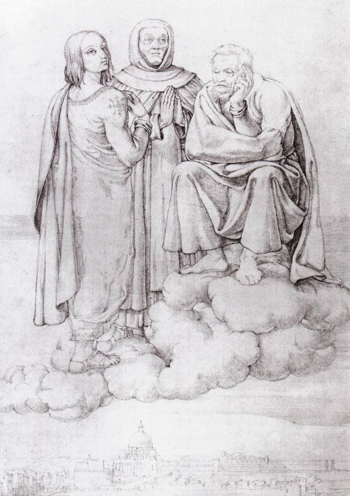 Raffael, Fra Angelico und Michelangelo schweben auf einer Wolke über Rom; unter ihnen sind Petersdom, Vatikan und Engelsburg zu erkennen.