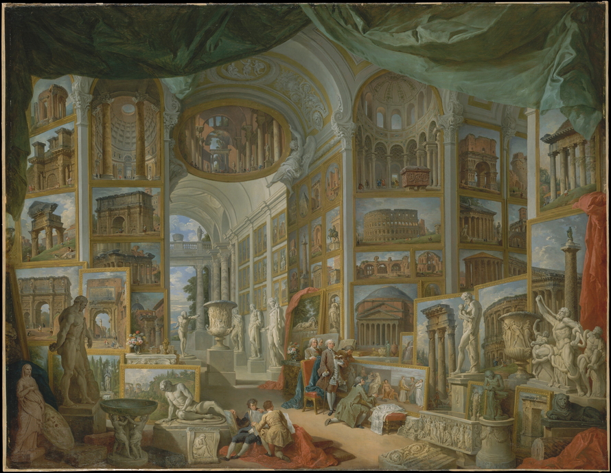 Giovanni Paolo Paninis „Das antike Rom“ zeigt eine imaginäre Galerie mit Gemälden römischer Monumente, antiken Skulpturen und mehreren Besuchern.
