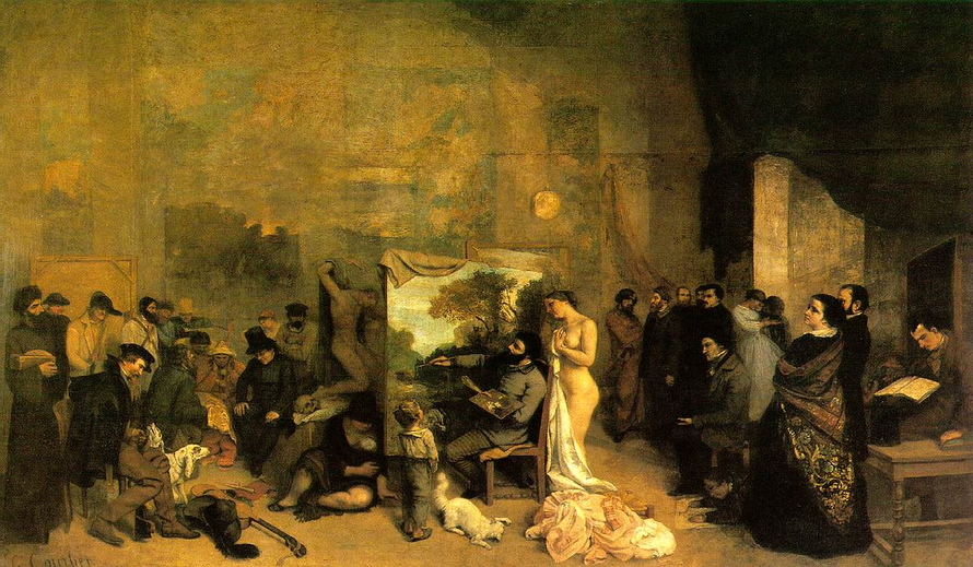 Gustave Courbet malt im Zentrum seines großen Ateliers eine Landschaft, umgeben von einem Kind, einem Modell und zahlreichen Menschen aus unterschiedlichen gesellschaftlichen Gruppen.
