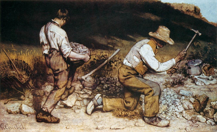 Gustave Courbets „Die Steinklopfer“ zeigt einen knienden älteren und einen jüngeren Arbeiter bei schwerer Straßenarbeit zwischen Steinen und Werkzeugen.