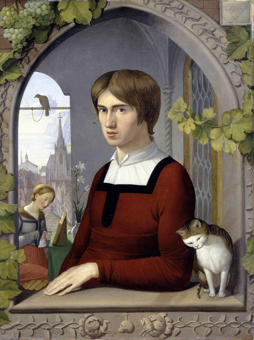 Franz Pforr in roter altdeutscher Kleidung an einem weinumrankten gotischen Fenster, mit Katze und einer lesenden Frau im Hintergrund.