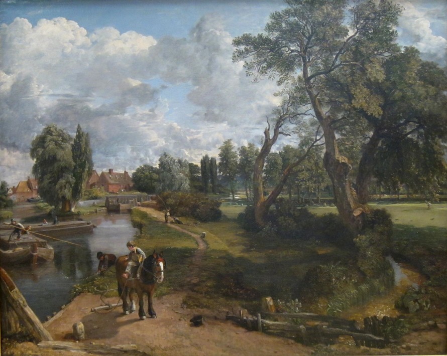 John Constables Flusslandschaft bei Flatford mit zwei Kähnen auf dem Stour und einem Jungen auf einem Pferd am Ufer