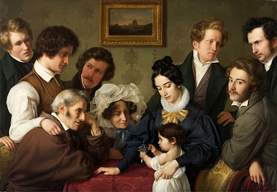Das Gruppenporträt zeigt Mitglieder der Familie Bendemann sowie Wilhelm von Schadow und weitere Künstler gemeinsam in einem bürgerlichen Wohnraum.